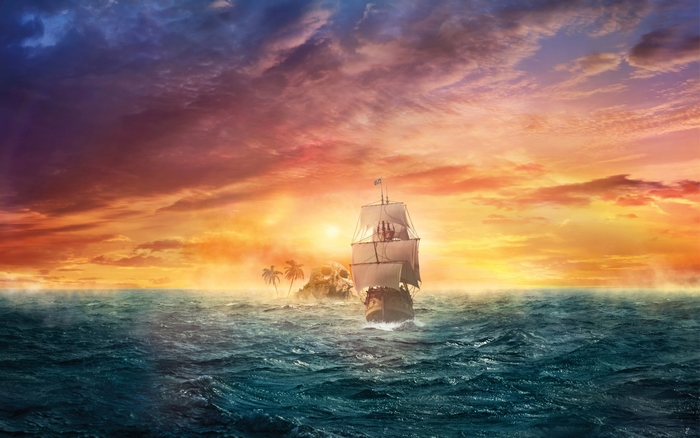 Pirate ship sailing towards a skull island at sunset