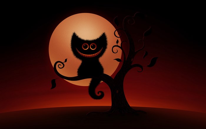 Cheshire Cat on a Tree Branch with Moon