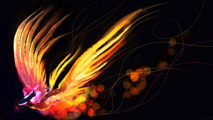 Phoenix with fiery wings on a dark background
