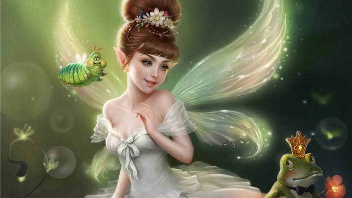 Fairy with wings, caterpillar, and frog prince