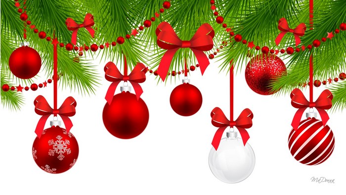 Festive Christmas Ornaments with Red Bows and Pine