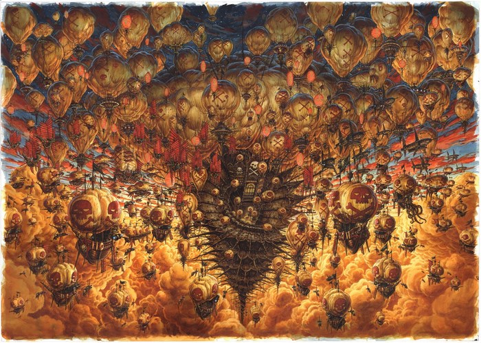 A fleet of steampunk hot air balloons with skull motifs