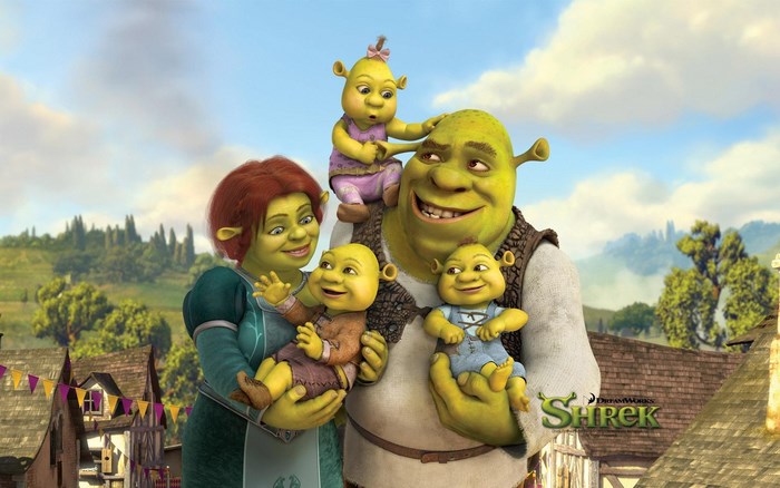 Shrek and Family in a Sunny Village Scene