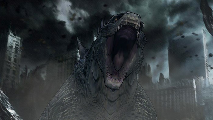 Godzilla roaring in a destroyed city