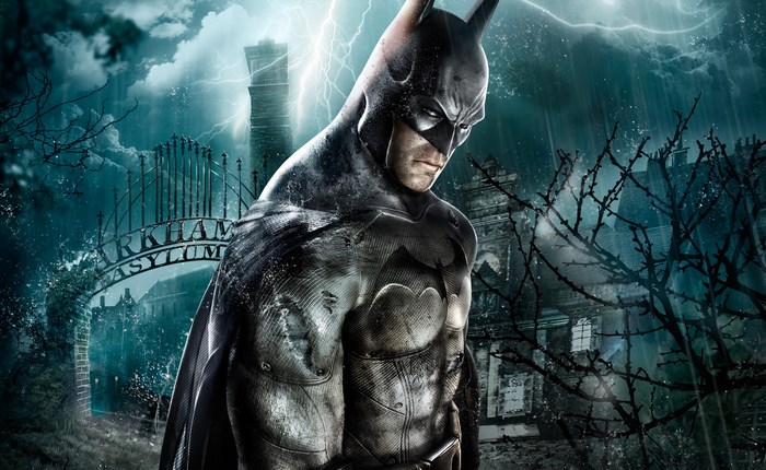 Batman at Arkham Asylum during a storm