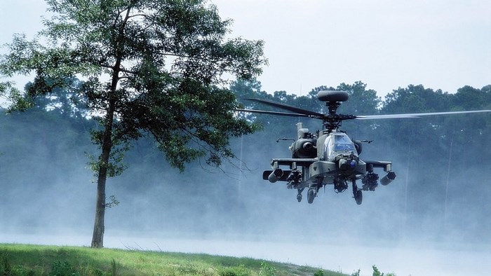 Boeing AH-64 Apache helicopter in flight