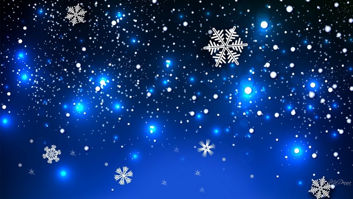 Glowing Blue Snowflakes Falling at Night
