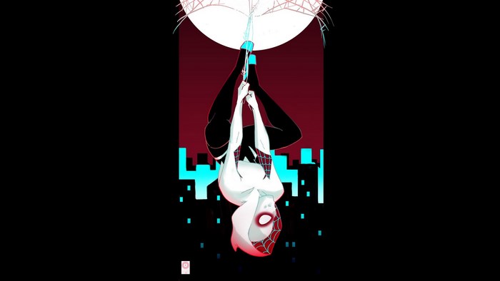 Spider-Gwen hanging upside down