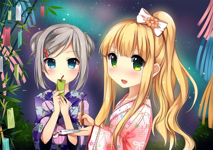 Two anime girls in kimonos at a festival