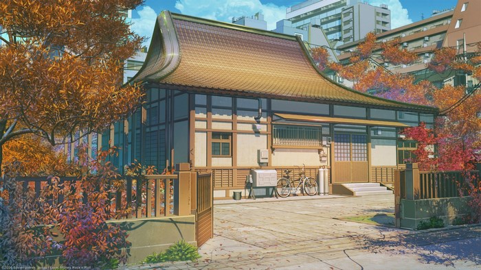 Anime house with autumn trees and buildings