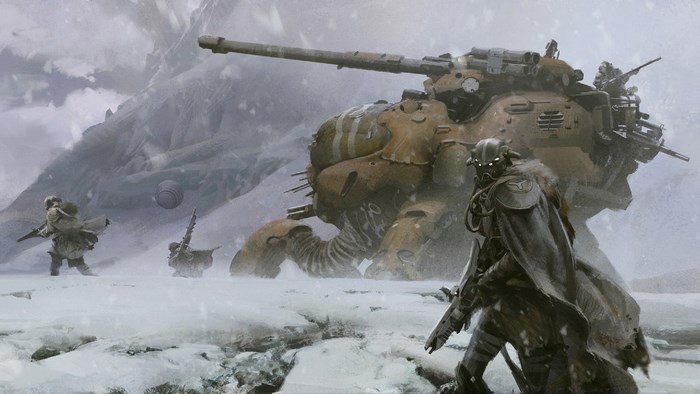 Soldiers and a tank in a snowy landscape