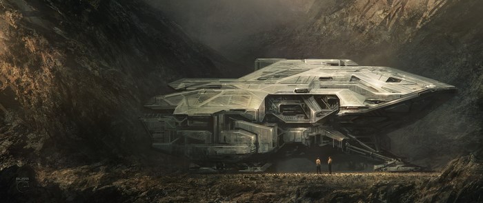 Spaceship landed in a rocky canyon