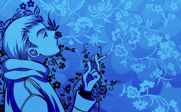 Anime style man smoking with floral background