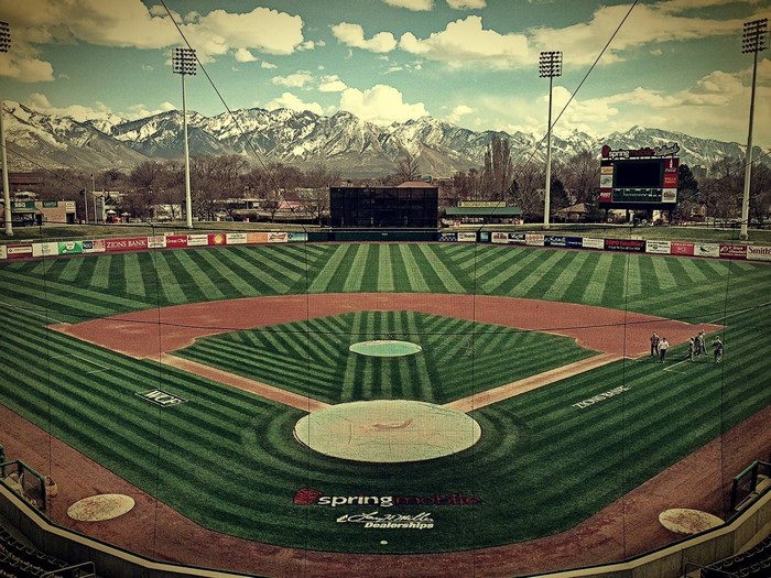 Baseball stadium with mountains in the background