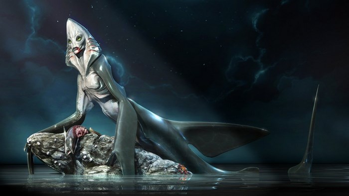 Sea monster sitting on rocks in water
