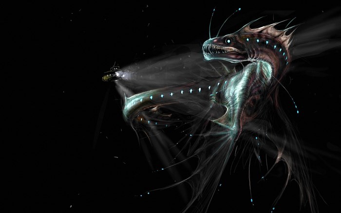 Deep sea monster and submarine in dark ocean