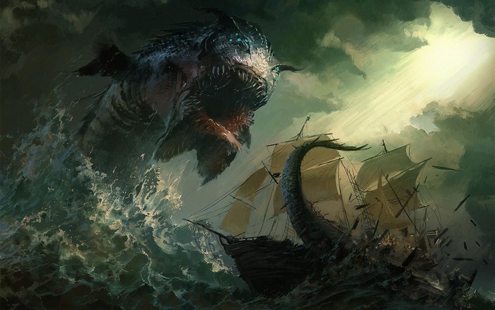 Giant sea monster attacking sailing ships in stormy seas