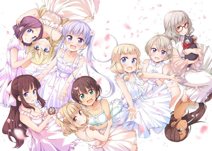 New Game! Characters in White Dresses with Flower Petals