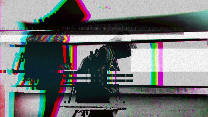 Person with backpack glitch effect