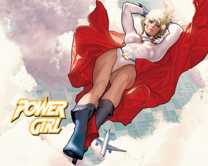 Power Girl flying over city with airplane