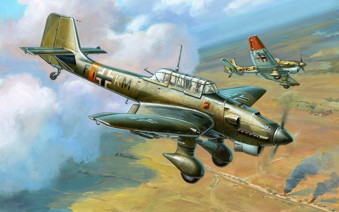 Junkers Ju 87 Stuka dive bombers in flight