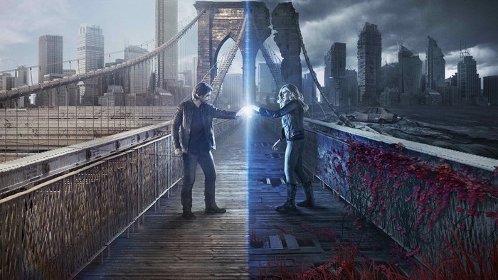 Two people touching hands on a bridge, 12 Monkeys