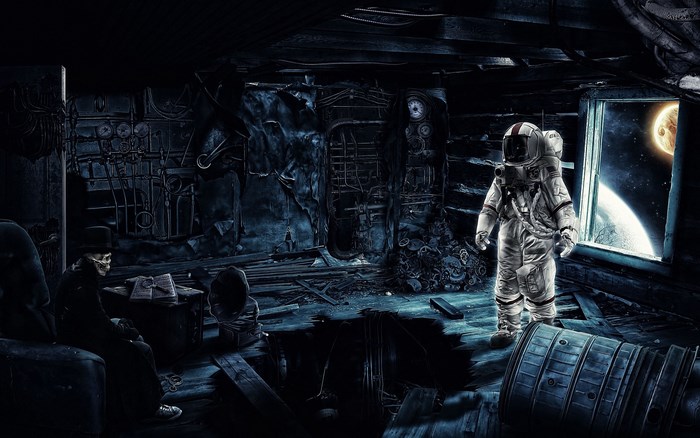 Astronaut in a derelict room with a view of space