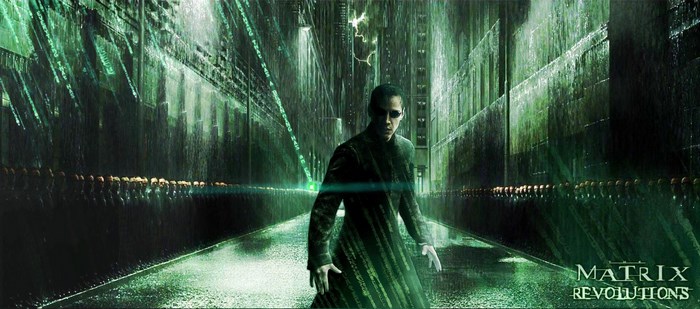 Neo from The Matrix Revolutions in a rainy city