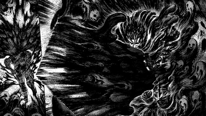 Guts from Berserk in a dark, chaotic scene