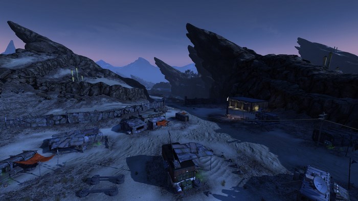 Borderlands 2 landscape with settlements and rock formations