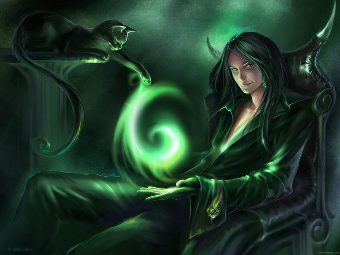 Sorcerer with a black cat and green magic