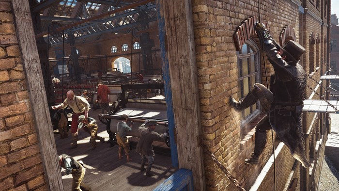 Assassin's Creed Syndicate character climbing brick wall