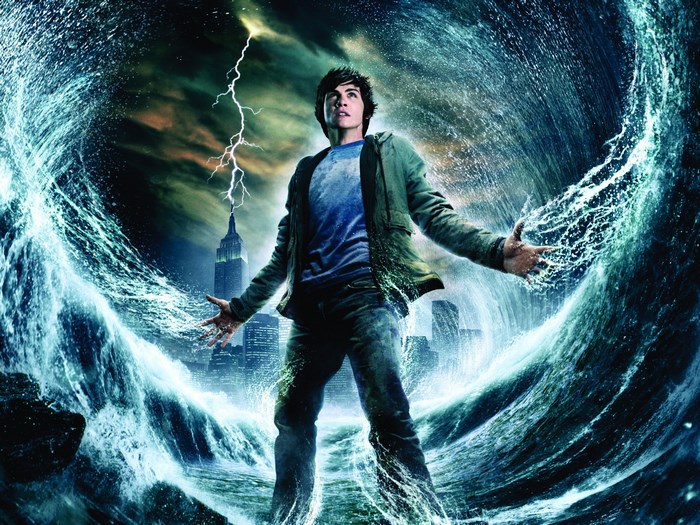 Percy Jackson Controlling Water and Lightning in Cityscape