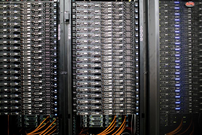 Server racks with multiple hard drives and cables