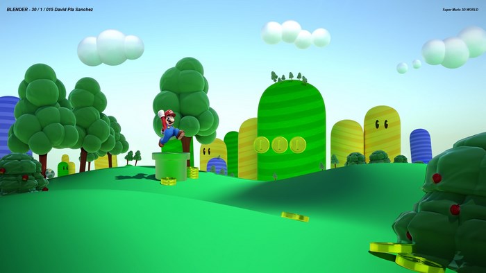 Super Mario in Vibrant Green Landscape