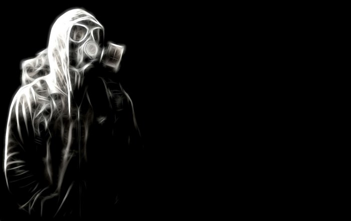 Person in gas mask and hood