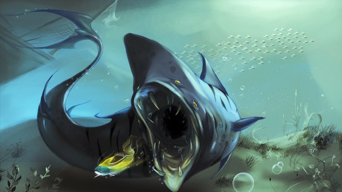 Shark attacking a small fish underwater