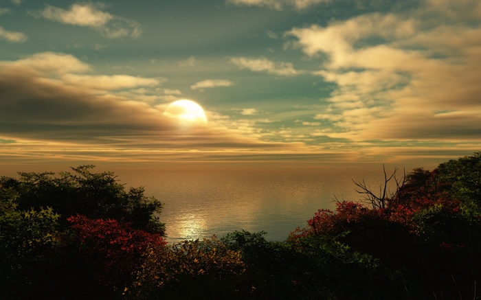 Sunset over the ocean with trees in the foreground