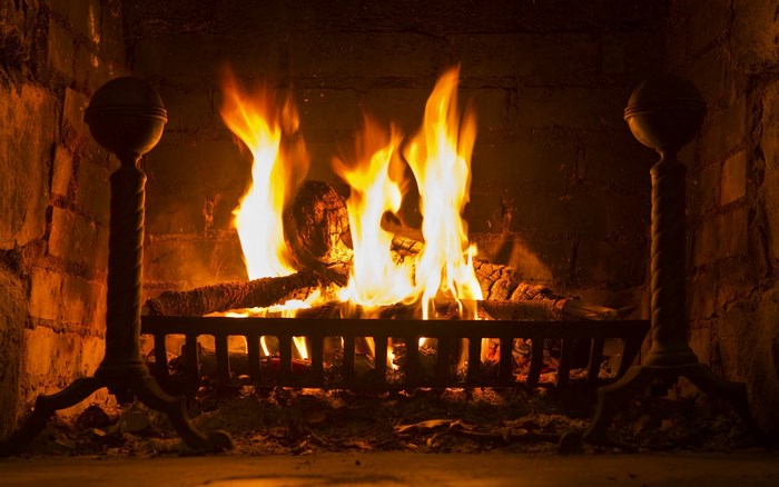 Fireplace with burning logs and ornate stands