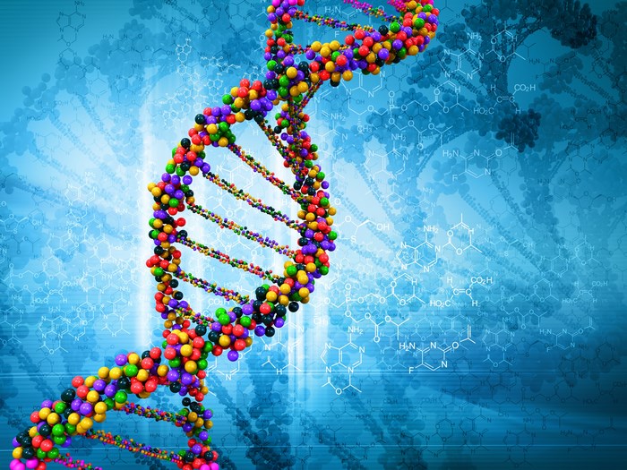 Colorful DNA double helix structure with chemical formulas