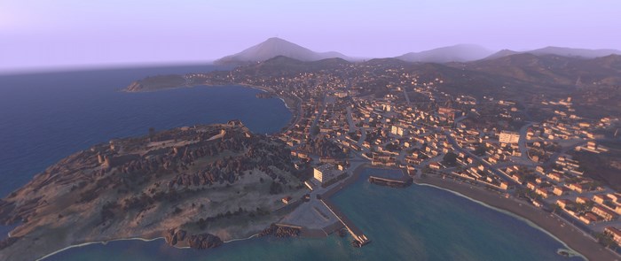 Aerial view of a coastal town and bay in Arma 3