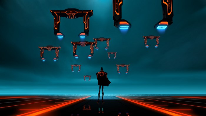 Tron Uprising character with flying vehicles