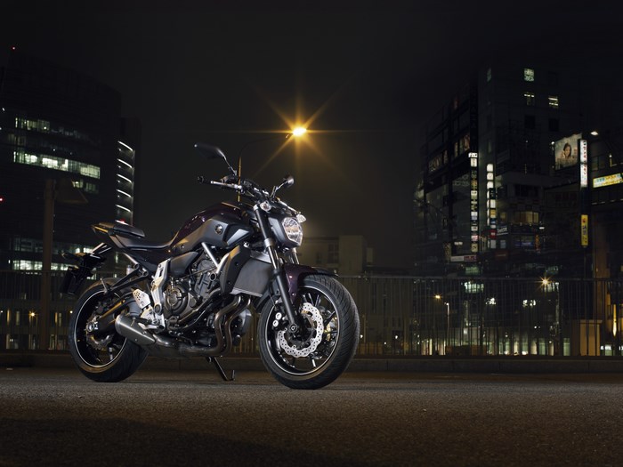 Yamaha MT-07 motorcycle at night in city