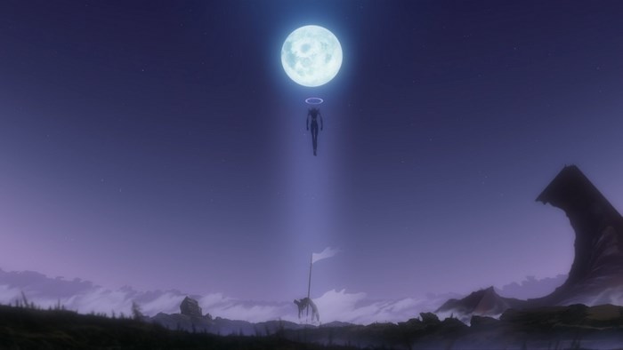 Figure with halo under moon in Neon Genesis Evangelion