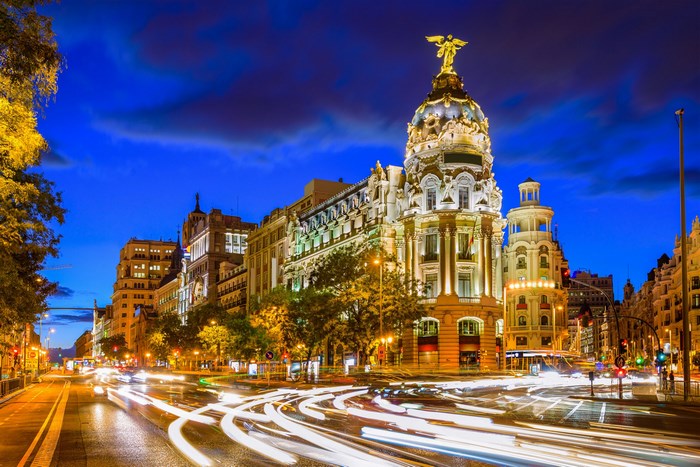 Madrid Cityscape at Night with Light Trails