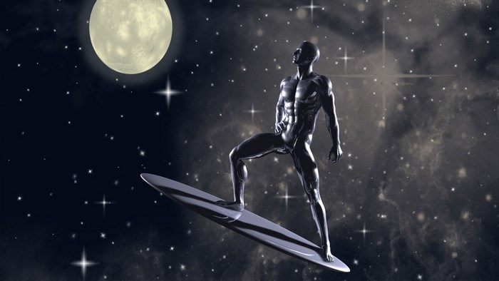 Silver Surfer in Space with Moon and Stars