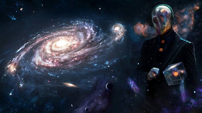 Man in Suit Holding Cube with Galaxy