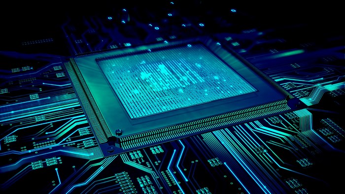 Glowing Blue Circuit Board with Microchip