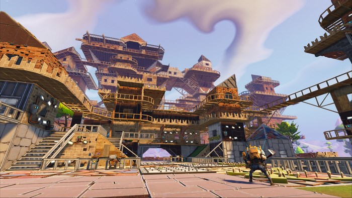 Fortnite player in a complex wooden structure