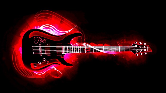 Black electric guitar with red neon glow and name Tom